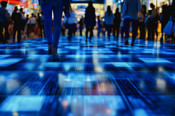 An expansive digital floor features intricate glowing blue patterns, bustling with people in a vibrant urban setting, creating a captivating and modern atmosphere.