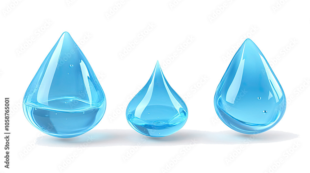 Poster set of three water drops isolated on a transparent background generative ai