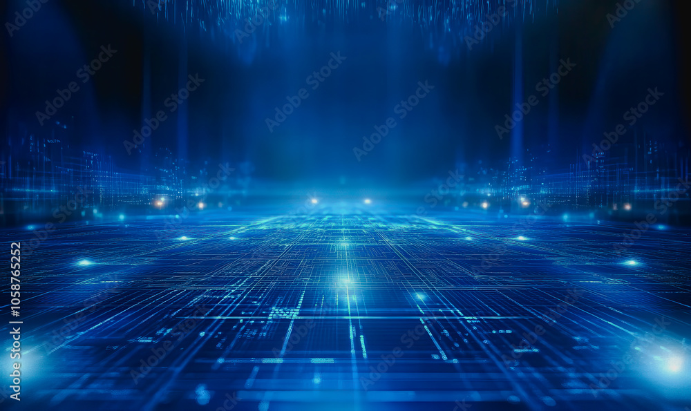 Poster discover an expansive digital floor filled with intricate glowing patterns. this abstract scene show