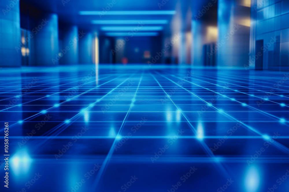 Poster this stunning image features an expansive digital floor illuminated with glowing blue grids, creatin
