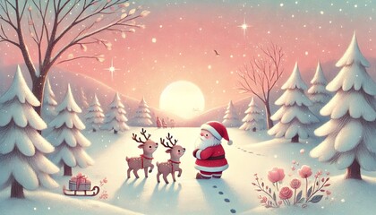 Santa Claus and His Playful Reindeer Sharing a Cozy Winter Sunset in a Whimsical Fairytale Snowy Wonderland