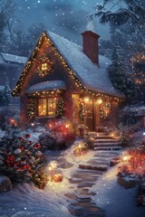 Fototapeta premium A cozy Christmas cabin nestled in a snowy forest, with a warm glow from the windows and smoke curling from the chimney