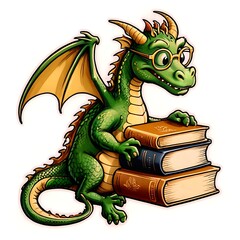 Obraz premium A green dragon with glasses is sitting with a stack of books, looking studious and intelligent.