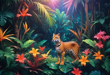 Tropical exotic pattern with animal and flowers in bright colors and lush vegetationn