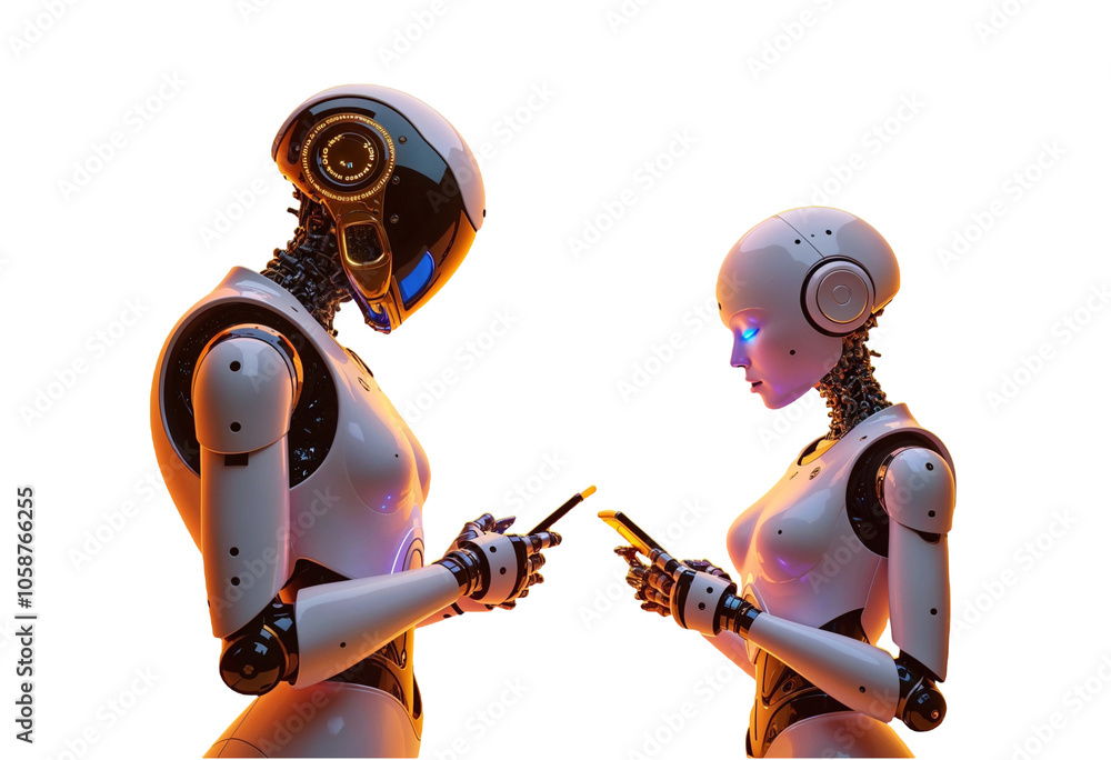 Poster two robot using smart phone isolate on transparency background