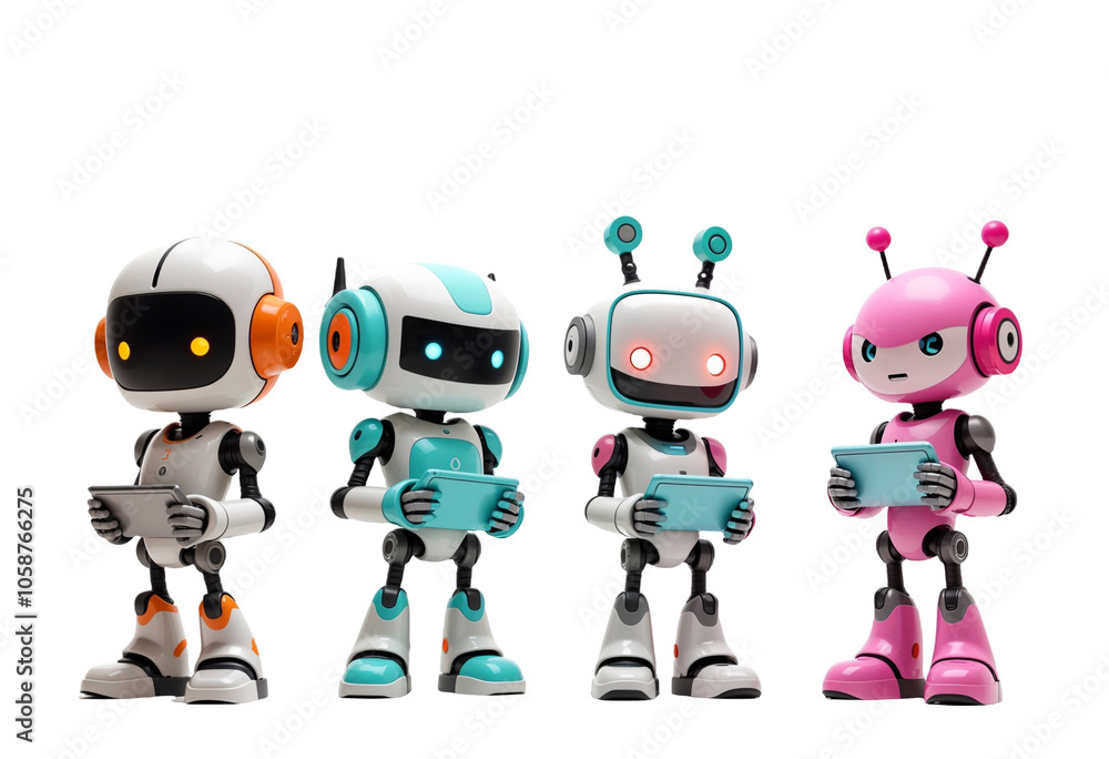 Poster cuter obot using tablet isolate on white transparency background png