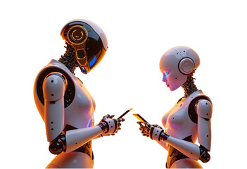 Two robot using smart phone isolate on transparency background