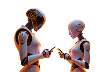 Two robot using smart phone isolate on transparency background