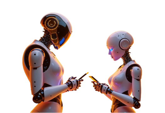 Two robot using smart phone isolate on transparency background