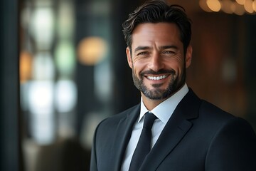 Fototapeta premium Happy Businessman in Navy Blue Suit Smiling Portrait