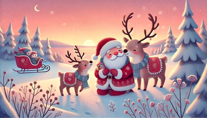 Naklejka premium Santa Claus and His Playful Reindeer Sharing a Cozy Winter Sunset in a Snowy Wonderland, Capturing a Heartwarming and Gentle Moment