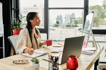 A focused young woman sits at her desk, sipping coffee while brainstorming ideas for her work.