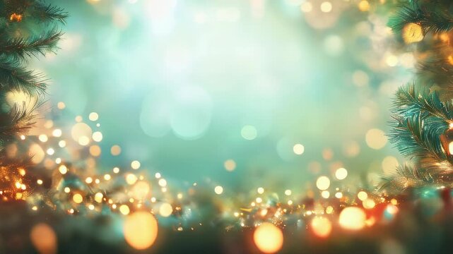 Softly glowing Christmas lights framed by pine branches create a cozy winter ambiance