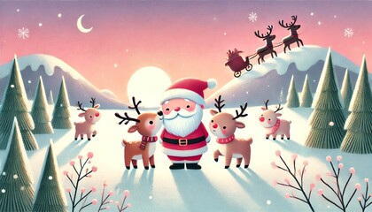 Naklejka premium Santa Claus and His Playful Reindeer Sharing a Heartwarming Sunset in a Snowy Winter Wonderland, Capturing a Cozy and Magical Moment