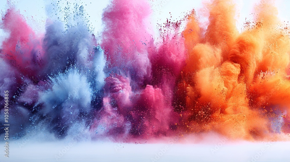Poster vibrant explosion of colored powders creating a dynamic visual effect.