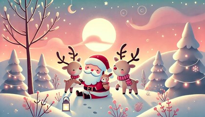 Naklejka premium A Charming Winter Night with Santa Claus Surrounded by Reindeer and a Bunny Under the Glowing Full Moon, in a Snowy Landscape Adorned with Fairy Lights and Pastel Hues
