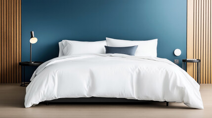 Modern minimalist bedroom with white bedding, blue accent wall, and wooden paneling featuring two bedside tables and stylish lamps.