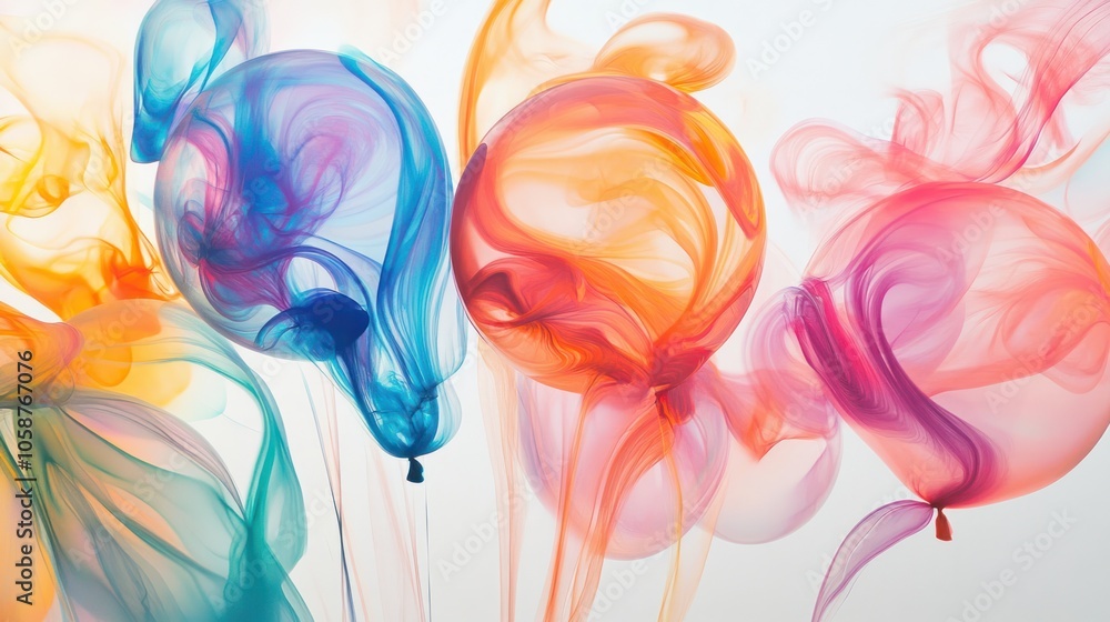 Poster an abstract representation of a quantum balloon, bursting with swirling colors and geometric shapes 
