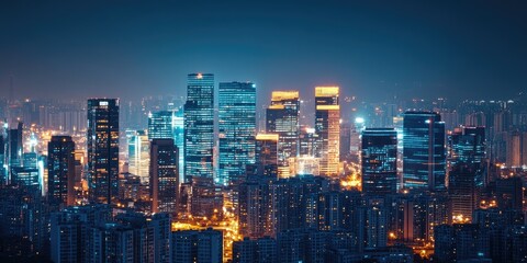 Obraz premium Nighttime perspective of a brightly lit city skyline Urban skyline showcasing multiple office buildings illuminated against the dark sky at night.