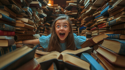 Enthusiastic young girl in a library with books flying around her, capturing a sense of wonder and joy in learning and reading.