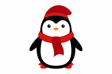  Vector Outline of A cute Penguin wearing a Santa clause hat and scarf on white background.