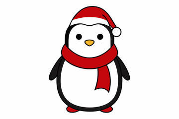  Vector Outline of A cute Penguin wearing a Santa clause hat and scarf on white background.