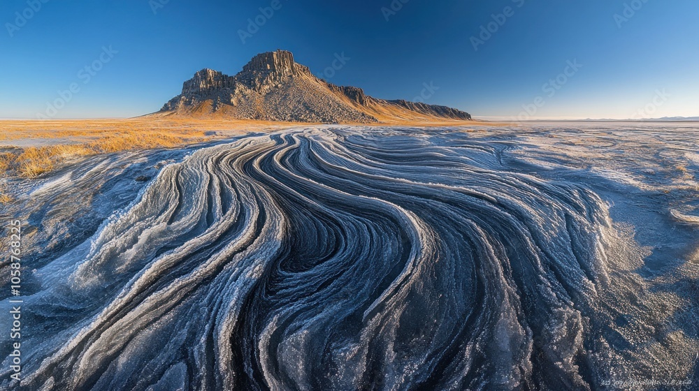 Poster a dramatic landscape with a mountain in the background and intricate swirling patterns in the foregr