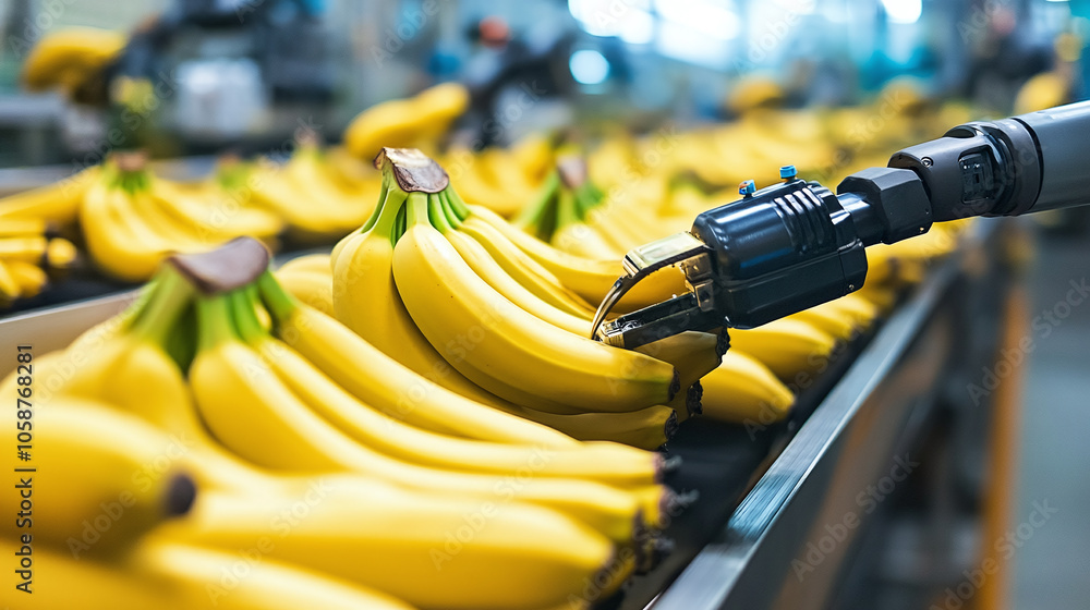 Poster robotic arm sorting fresh bananas in a high-tech factory setting, showcasing automation and innovati