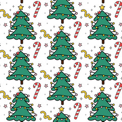 Merry Christmas groovy seamless pattern. Xmas tree, candy, star in a groovy retro cartoon style. Vector illustration for textile, packaging, wallpaper, wrapping paper