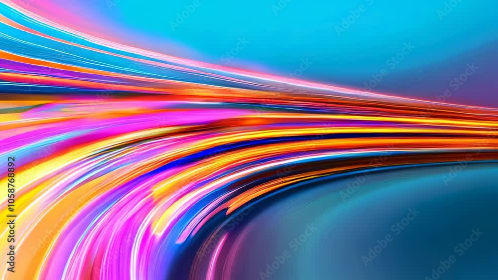 Poster colorful neon light trails flow smoothly across a dark background, creating an energetic and dynamic