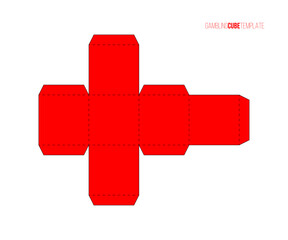 Red paper cube template to make box vector illustration. Printable blueprint of scheme to cut geometric model, papercraft to assemble blank parallelepiped for board game isolated on transparent.