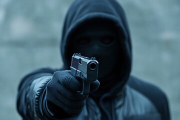Menacing criminal in a mask aims a gun, exuding danger in a dark setting. This image captures urban crime and aggression