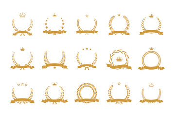 Gold award laurel wreath set vector illustration with ribbon, stars, crown and empty place for name of winner. 3D prize for awarding ceremony, championship, best player. Quality certified icons.