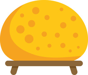 Cartoon drawing of a big round block of yellow cheese on wooden tray, side view