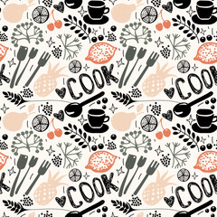 Cooking and kitchen seamless pattern. Vector illustration in doodle style. Sketch for culinary and restaurant design