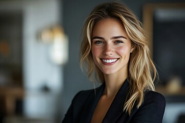 Fototapeta premium Happy Businesswoman in Black Blazer with Natural Light Portrait