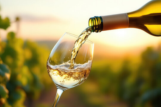 A close-up of a glass of white wine is being poured in a vineyard at sunset.