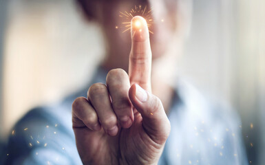 Close-Up of Raised Index Finger: A close-up of a hand raising a single index finger in an 'Aha!' gesture, with a subtle glowing effect around it