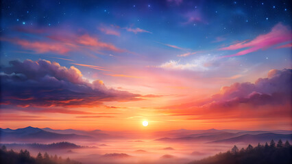 Fototapeta premium Breathtaking sunset over a colorful sky and misty landscape, serene natural beauty 