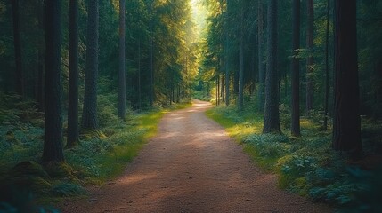 Obraz premium A sunlit path winds through a dense forest, with tall trees lining the way and lush greenery on either side.