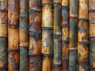 A close-up of bamboo stalks showcasing their textures and colors.