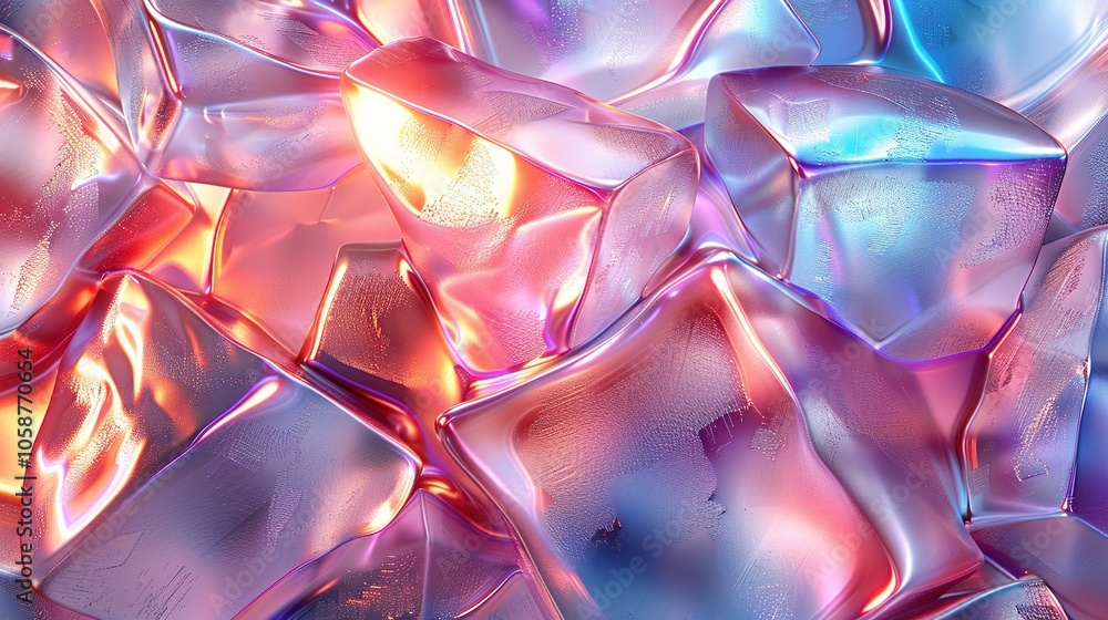 Poster a close-up of colorful ice cubes with a glossy finish, creating a vibrant, artistic effect.