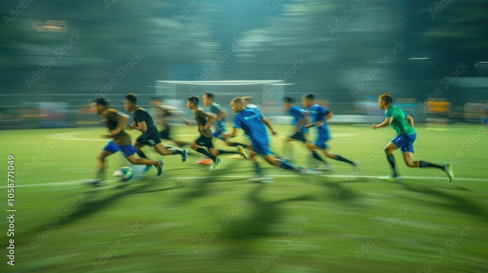 Poster blurred view of the actionpacked field with players sprinting towards the goal.