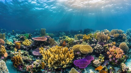Vibrant coral garden habitat underwater captured in this photo highlights the beauty of colorful corals, offering a glimpse into a thriving marine ecosystem with ample copy space.