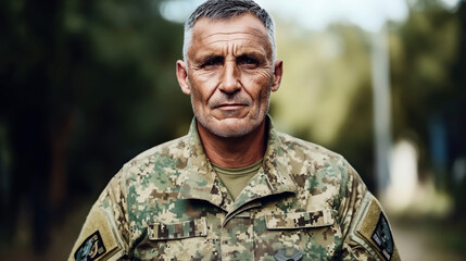 Fototapeta premium Middle-aged man in military camouflage uniform with serious expression in outdoor setting