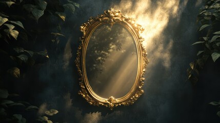 Golden Mirror in a Mystical Forest Setting
