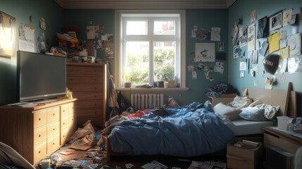 Messy Teenager's Bedroom with Sunlight Streaming Through Window
