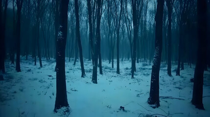 Fototapeta premium A dark, snowy forest with tall trees and a misty atmosphere.