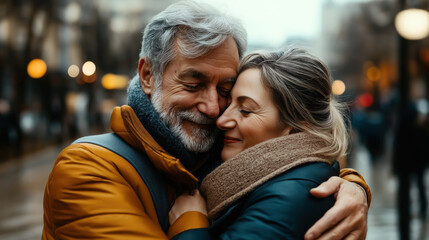 Obraz premium Elderly couple embracing warmly in an urban setting with blurry background, both smiling and wearing winter coats, creating a sense of warmth and affection outdoors.