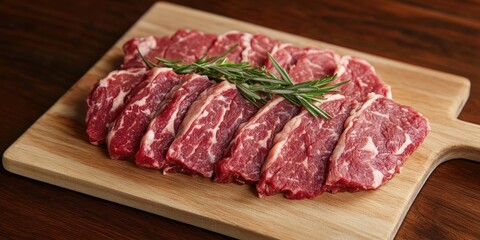 Fototapeta premium Recently cut meat enhanced with rosemary, placed on a cutting board for preparation and presentation.